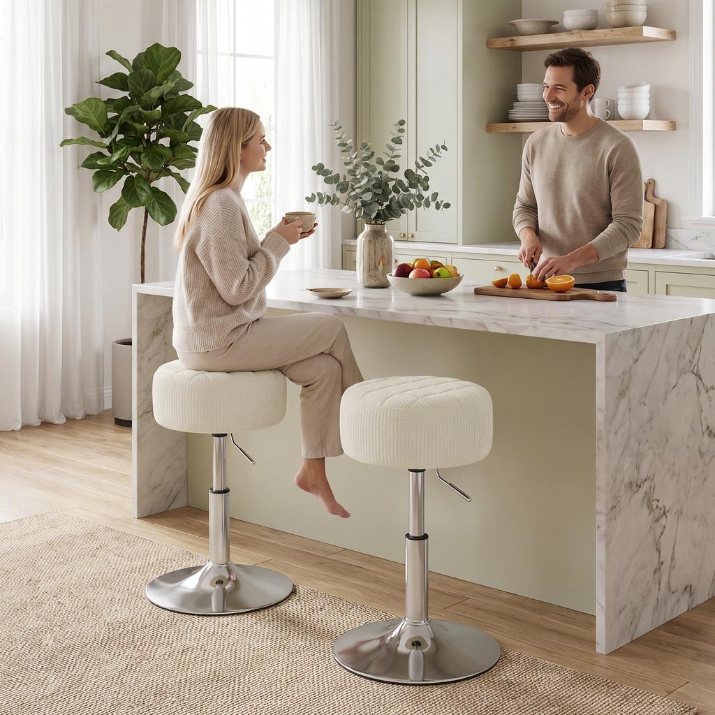 Chenille Dressing Stool, Swivel Makeup Stool, Height-Adjustable, 51-66 cm, Cream