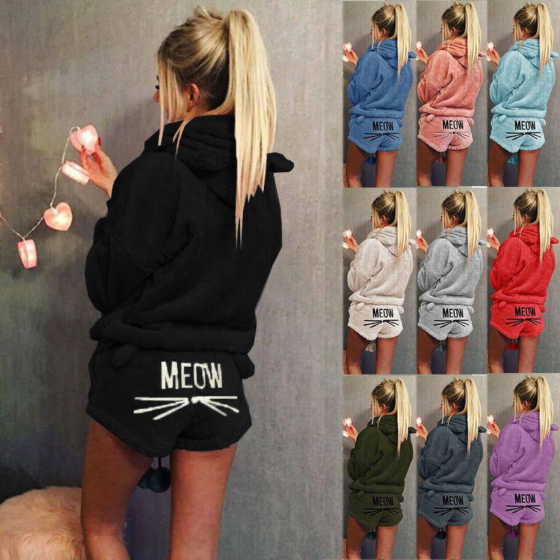 Womens Fleece Cat Fluffy Warm Pjs Pyjamas Sleepwear Nightwear Set Outfit Pajamas