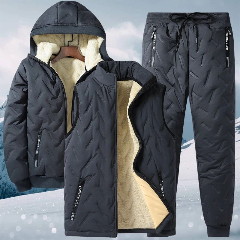 

Осенне-зимний мужской ветрозащитный и теплый костюм для улицы: теплая куртка с капюшоном, жилет и теплые повседневные хлопковые брюки, набор из трех предметов XL серый
