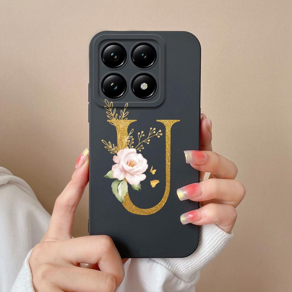 Liquid Soft Silicone Bumper For Xiaomi 14T Pro 5G 14 T Cover Pretty 26 Flower Letters Cases Anti Drop Housing Phone Shell Fundas