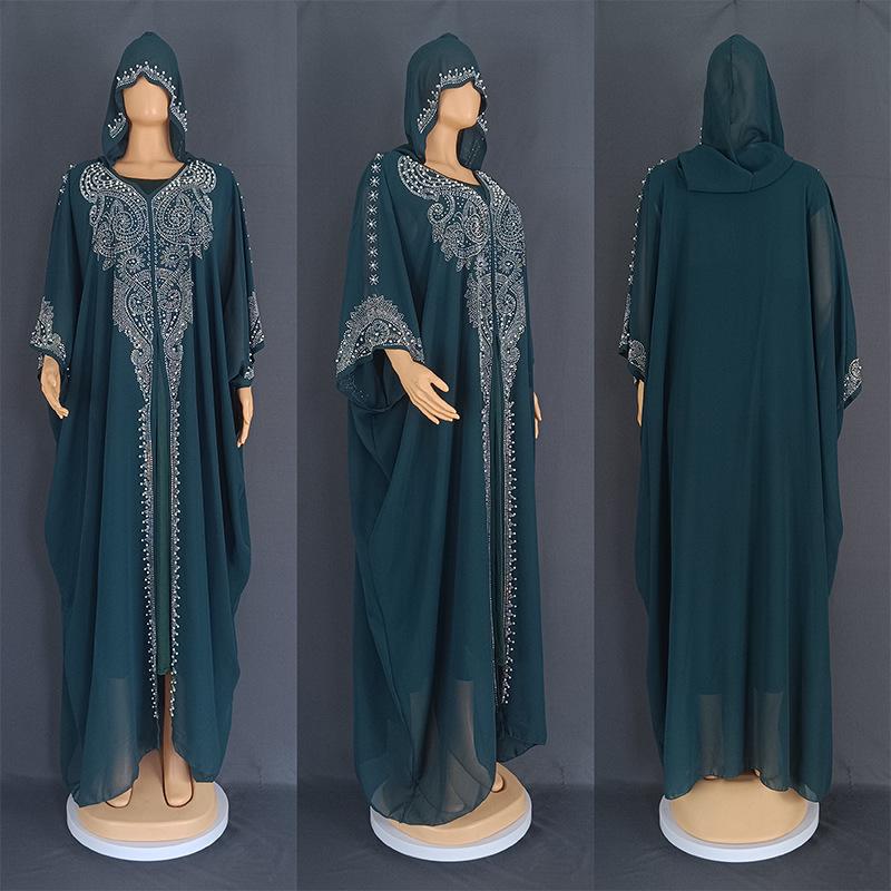 

2023 Trendy Hooded Beaded Muslim Long Robe - Plus Size Women s Dress 8890, European & American Style One Size зелений