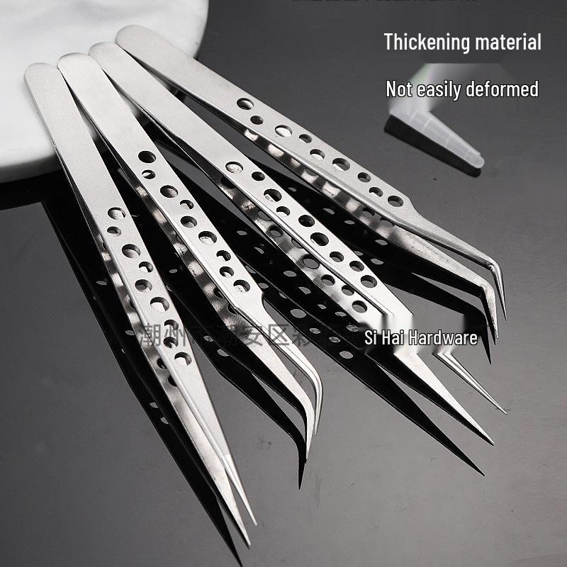 Stainless Steel Precision 9-Hole Tweezers: Bright Polished Pointed Tip for Beauty, Makeup, Nail Art, and False Eyelash Applications