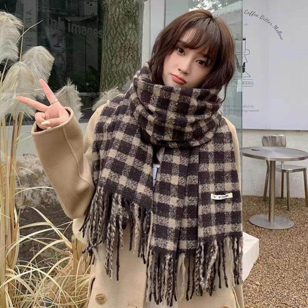 Tassel Winter Cashmere Scarves Plush Long Shawl Retro Plaid Wool Scarf  Autumn