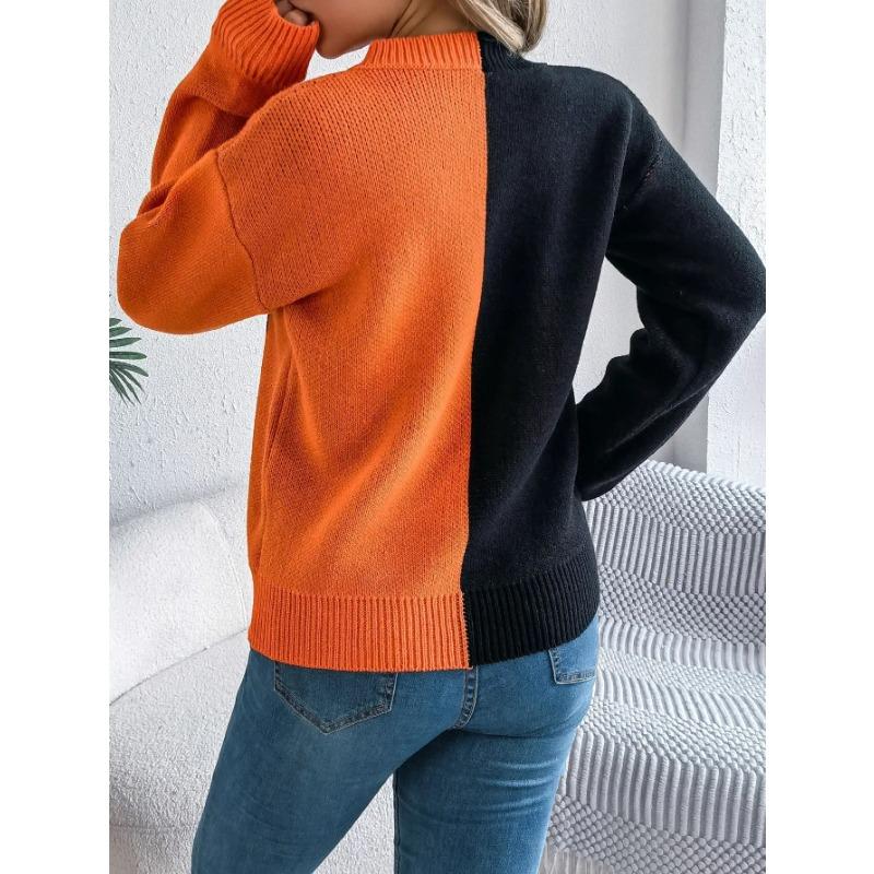 Autumn and Winter Women Halloween Pumpkin Contrast Color Knitted Long Sleeve Loose Sweater