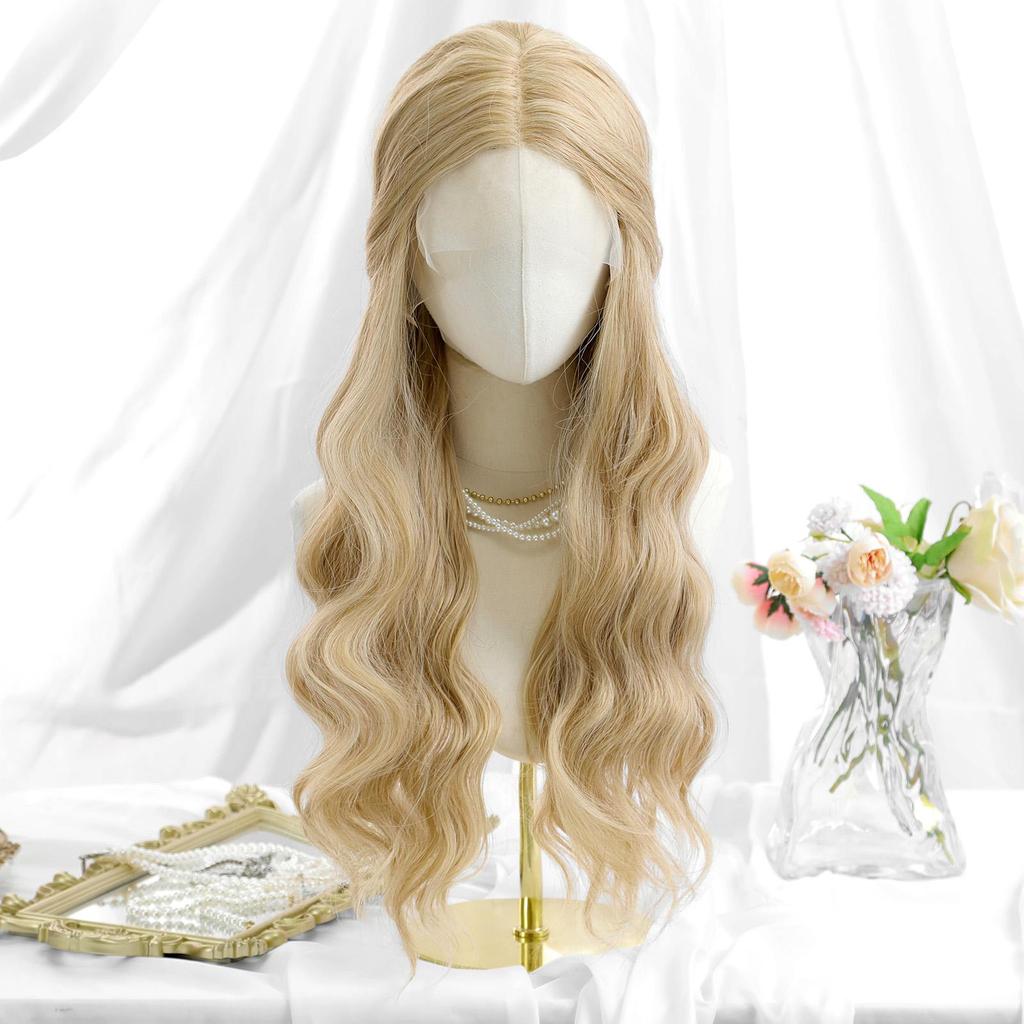 ALAN EATON Lace Front Blonde Ombre Wigs Synthetic Long Straight Wig with Dark Root for Women Daily Cosplay Party Heat Resistant Fiber
