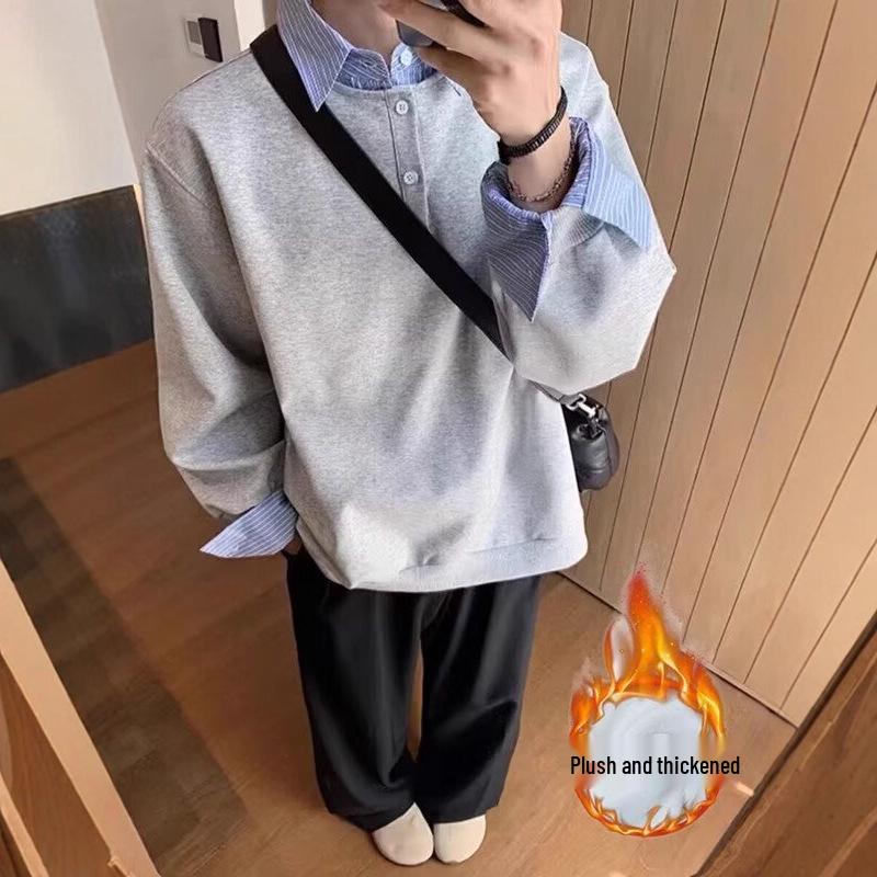 

Men s 2025 Trendy Lapel Hoodie Jacket: Autumn & Winter Plus Velvet Two-Piece Look M