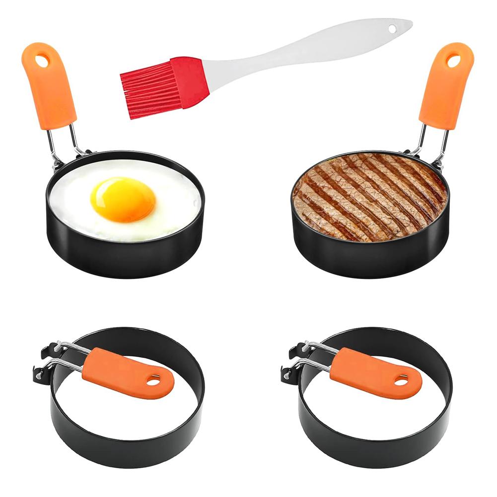 4 Stück Eierringe Antihaft zum Braten Runde Eierform mit Ölpinsel Spiegelei-Ring Edelstahl Eierkreise Eierformer