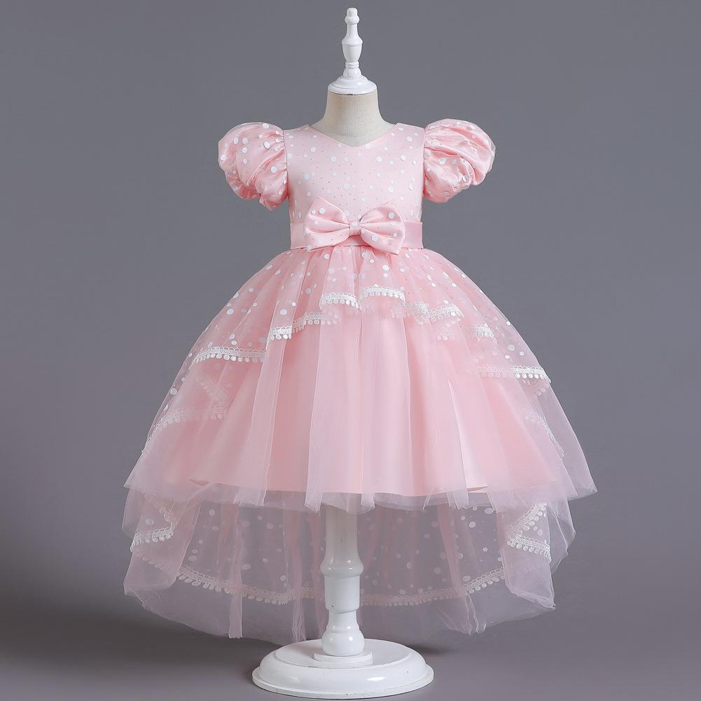 

Girls ball gown with train; flower girl princess dress; lace-trimmed puff-skirt dress 160cm рожевий