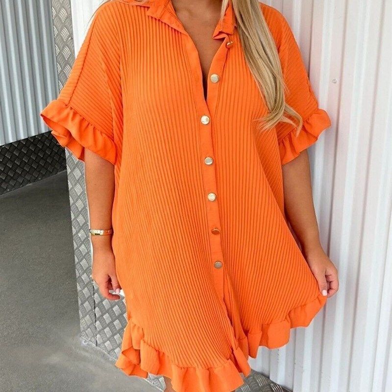 

Shirt Skirt with Ruffled Edge Sleeves Irregular Shirt Dress Orange M