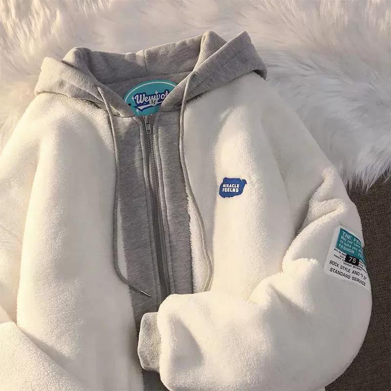 Women's Velvet Thick Hoodie American Retro Loose Lamb Fleece Hoodie Women's