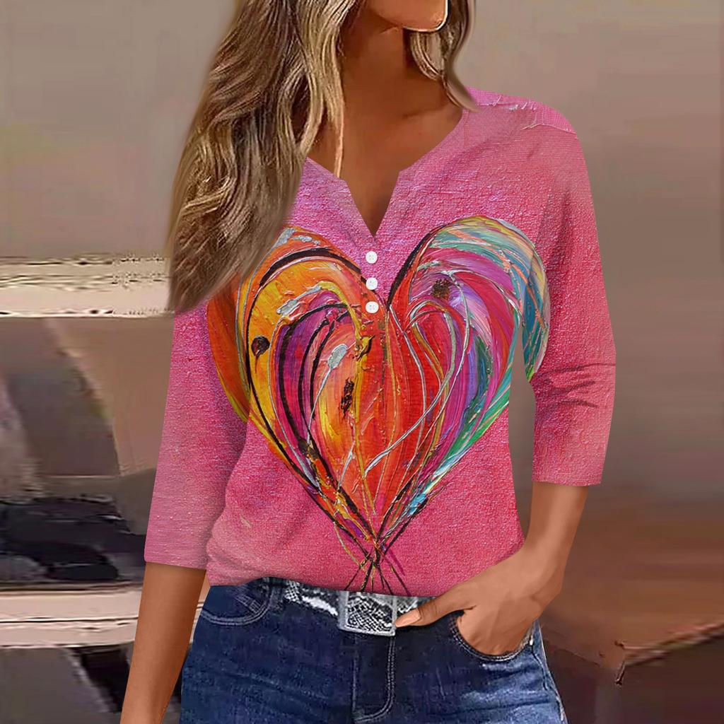 Camiseta feminina com estampa de botão, manga 3/4, moda diária de fim de semana, básica, decote em V, top regular