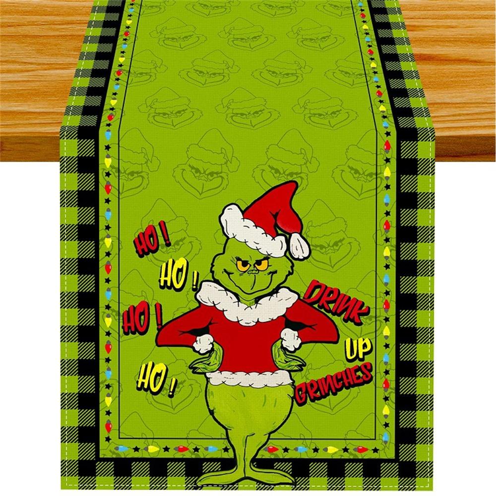 

Linen Green Grinch Christmas Table Runner Merry Tablecloth Xmas Holiday Table