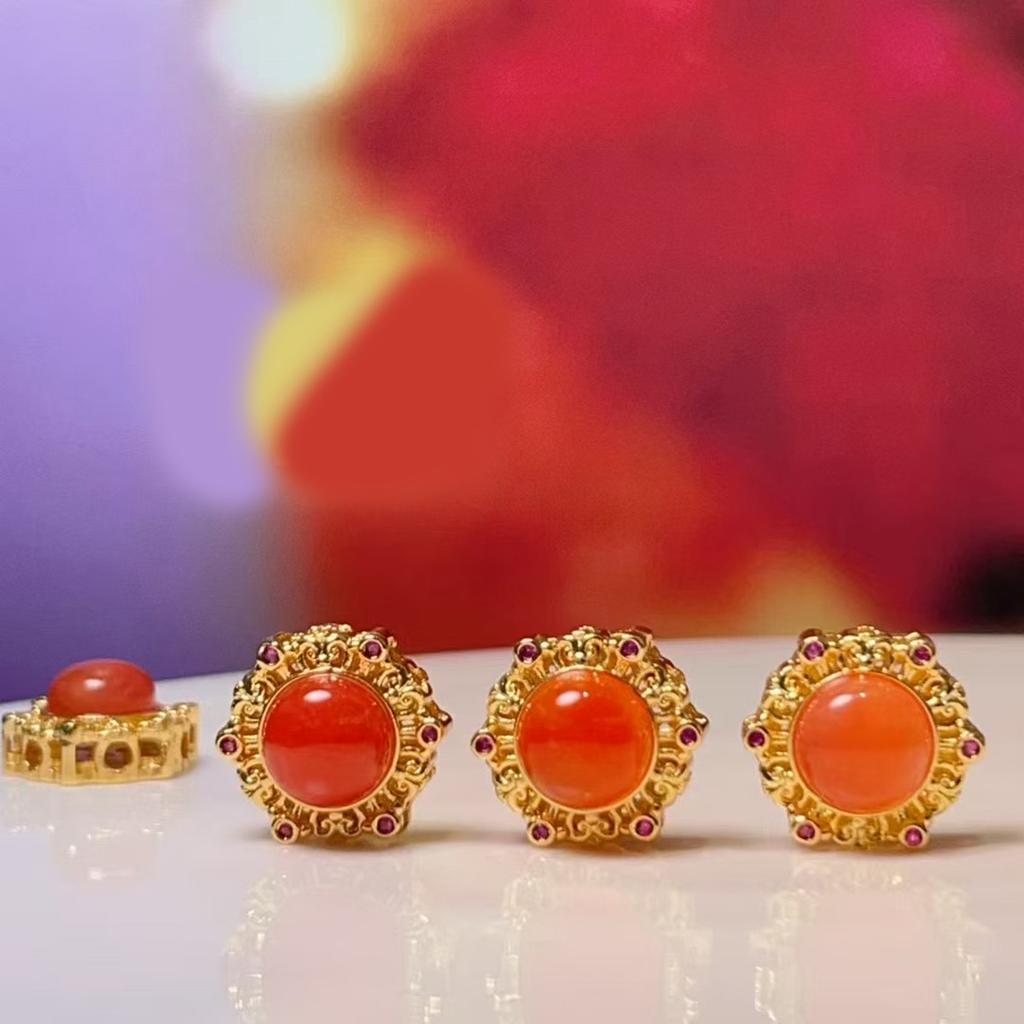 5Pcs, Natural Stone Beads Accented with Golden Trim, Boho Handcrafted Round Redstone Aquamarine Gemstone Beads for Jewelry Making DIY Crafts 12×12mm