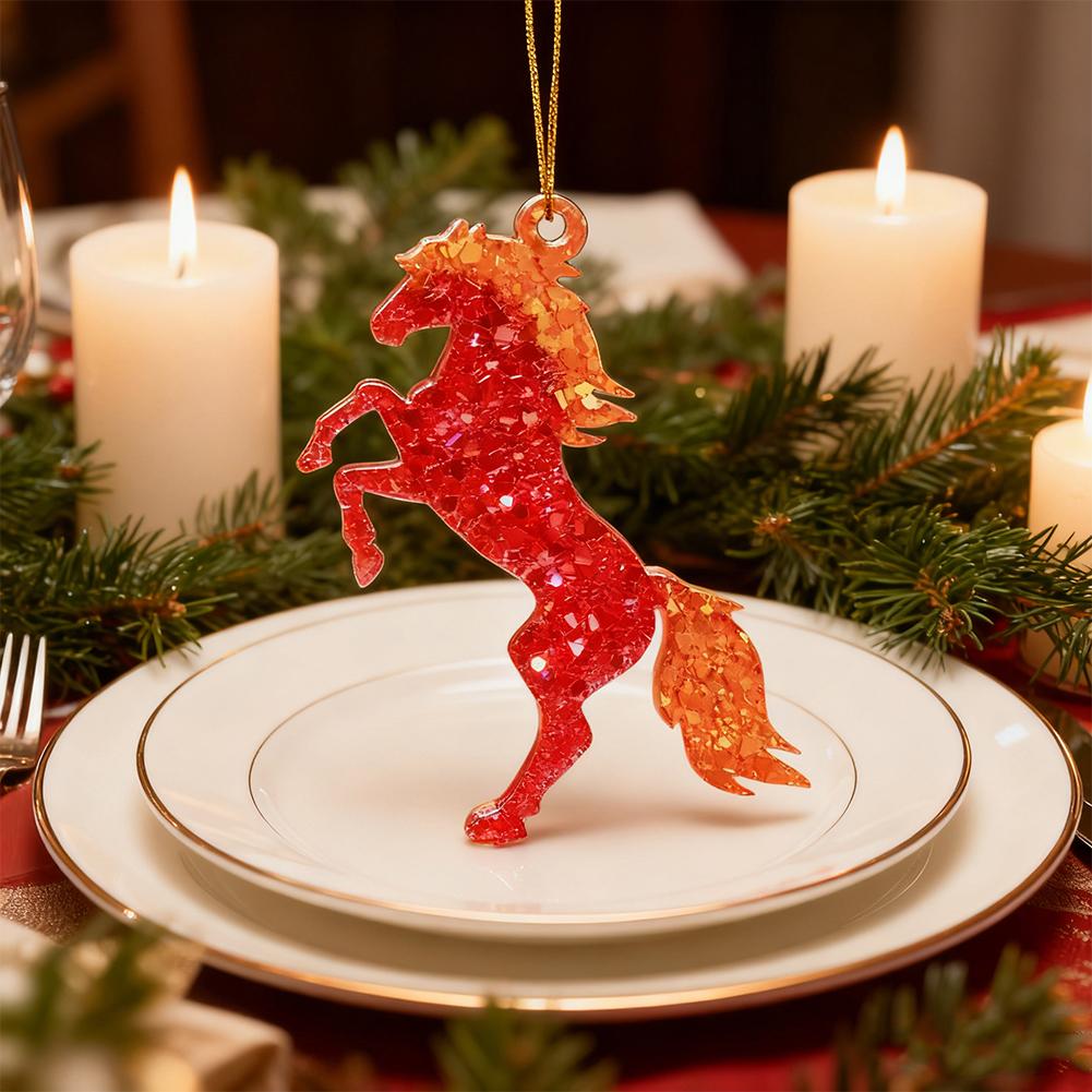 1/4Pcs Golden Flame Horse Christmas Ornament 2D Flat Christmas Horse Pendant Xmas Tree Hanging Pendent New Year Gifts Keychain