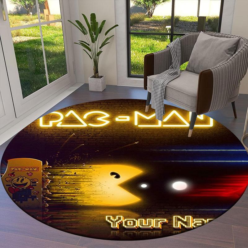 Pac-Man Custom Name Round Area Rug,Carpet Rug for Living Room Bedroom Sofa Playroom Decor,Non-slip Floor Mat