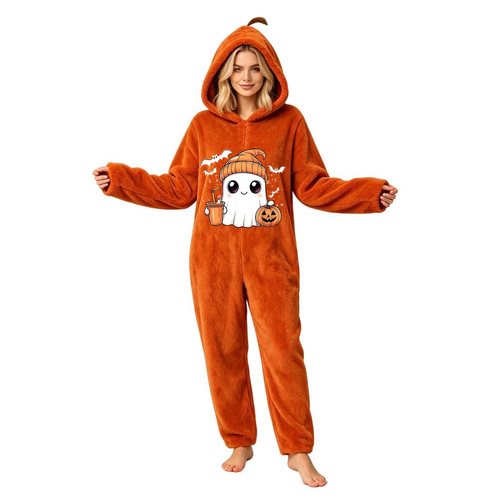 Dames Halloween Print Flanellen Jumpsuit Loungewear Set voor Gezellige Huis Slaapkleding