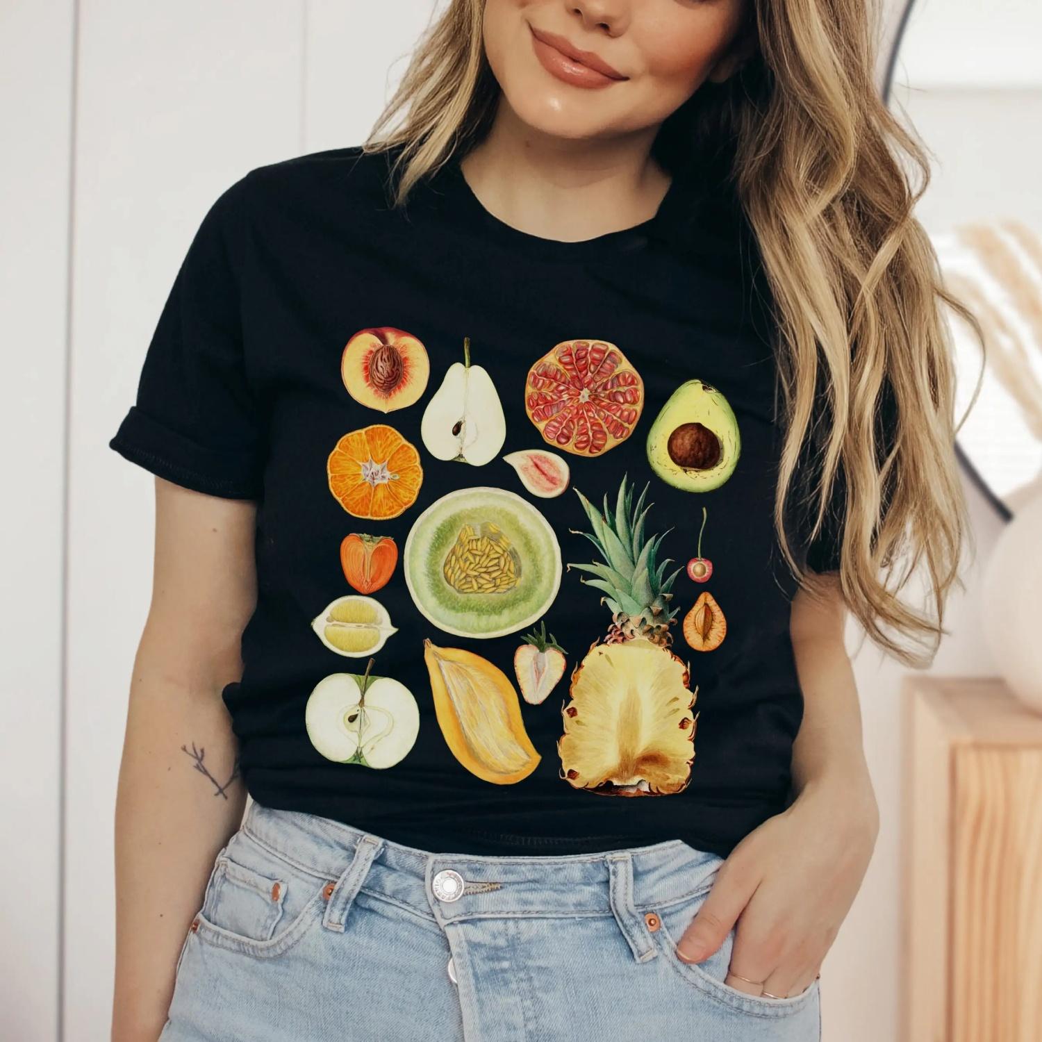 

FruiT T Shirt Garden Cottagecore Clothing Cottage Core Vintage Peach Strawberry Avocado Aesthetic Botanical Vegan S чёрный