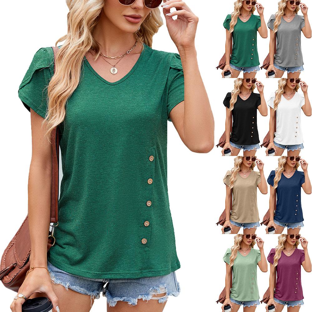 

Europe, America spring and summer new solid color V-neck button petal sleeve short sleeve T-shirt top women S білий