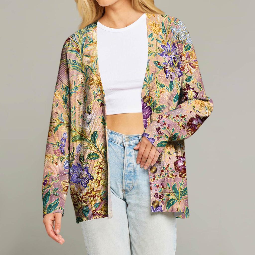 Women's Fashion Long Sleeve Christmas Print V-Neck Button Loose Cardigan Top