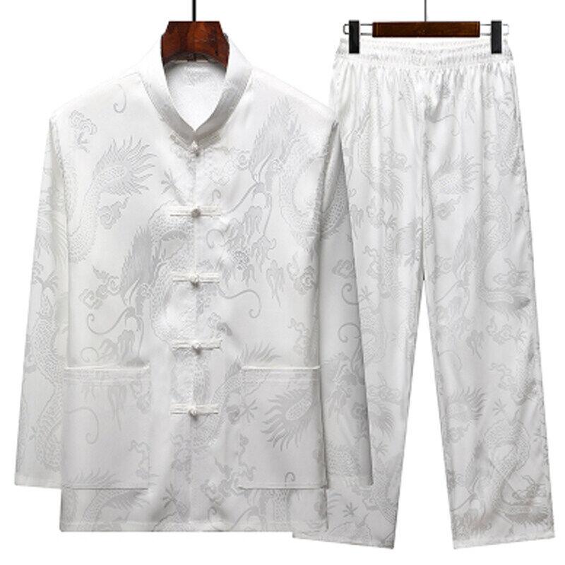 Spring/Autumn Men's Lightweight Ice Silk Tang Suit Set Long Sleeve for Middle-aged and Elderly Fathers