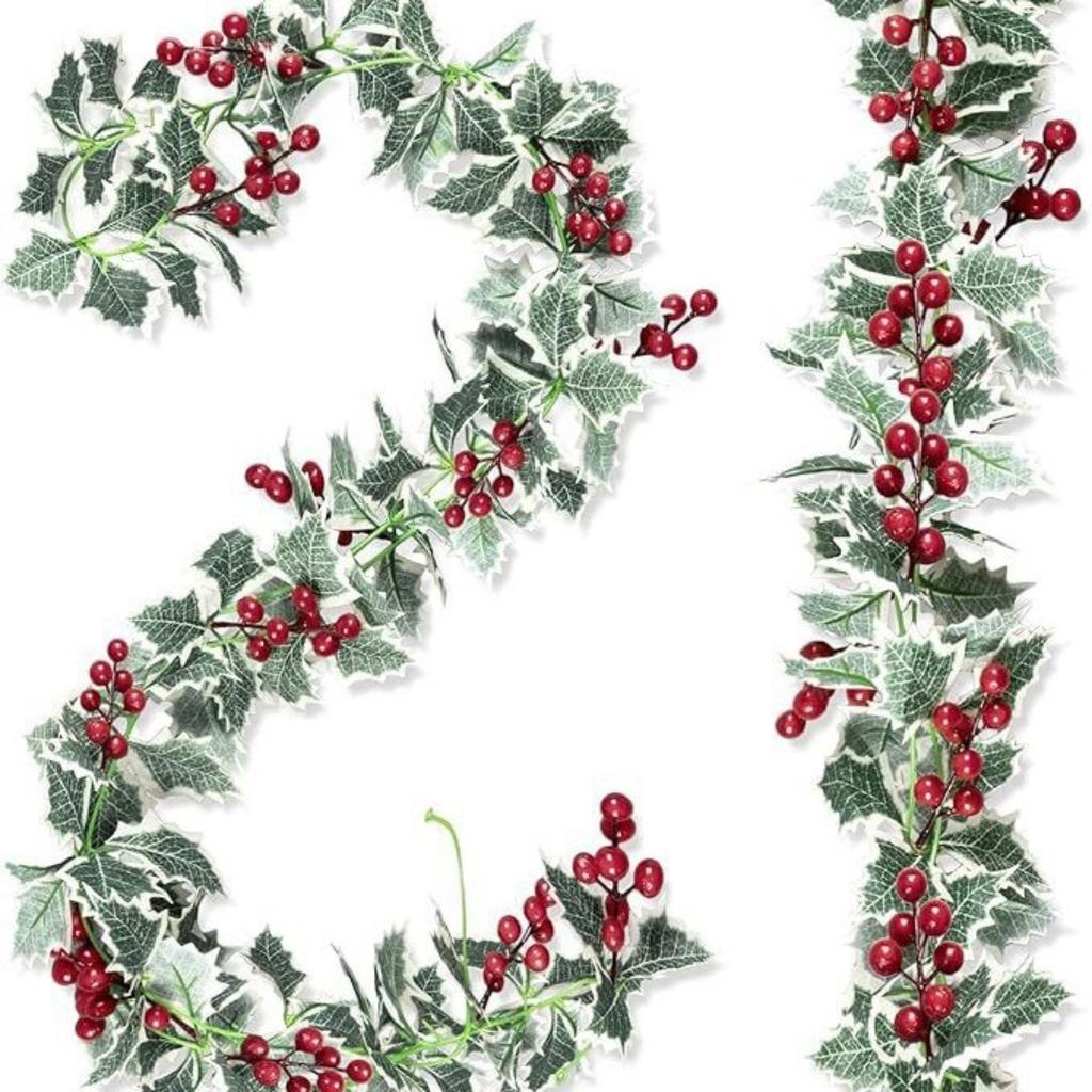 2pcs 2m Xmas Berry Holly Leaves Garland Christmas Faux Garland Winter Snowy Red Berries Hanging Vine For Christmas Wedding Party Decoration