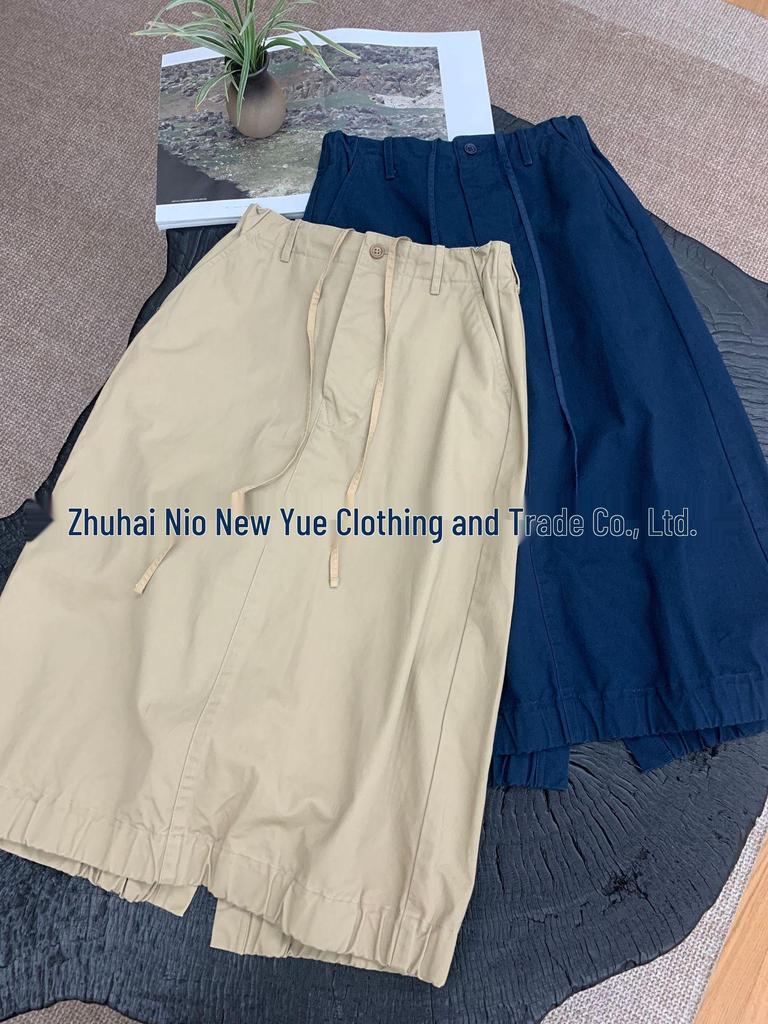 Japanischer Vintage Cargo-Rock mit elastischem Bund, Kordelzug und Schlitz hinten in Blau