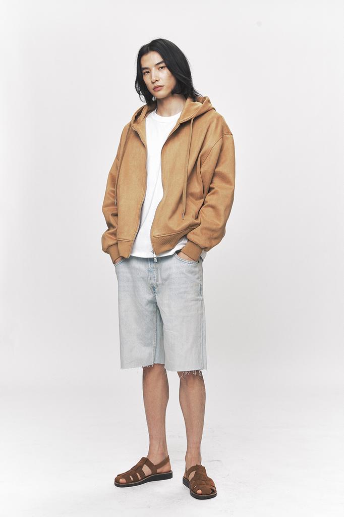Black Moment Faux Suede Hooded Zip-Up Jacket [Camel]