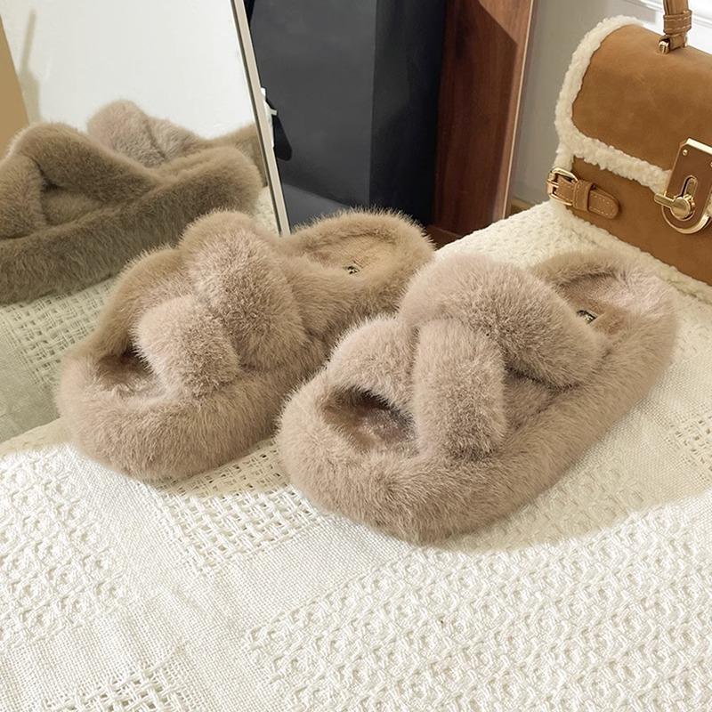 

Thick-bottomed small fragrant fluffy slippers for women to wear 2025 new autumn and winter high-end Internet celebrity fluffy one-word cotton slippers 40 хаки