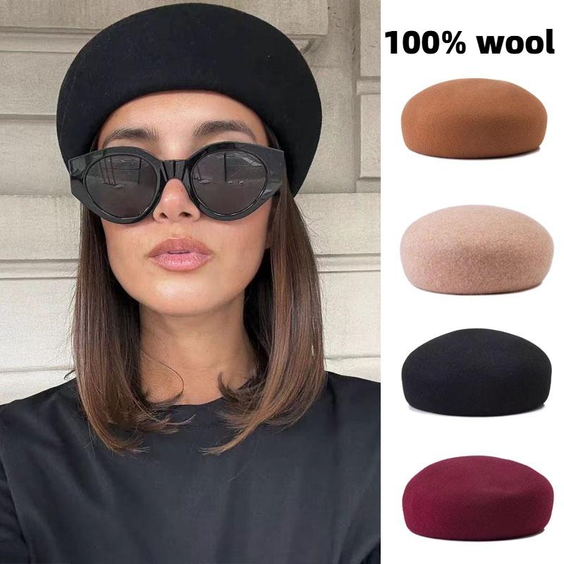 Winter New French Vintage Round Top 100% Wool Fedoras Hat Wedding Church Party Pillbox Caps Warm Women Hard Top Felt Berets Hat