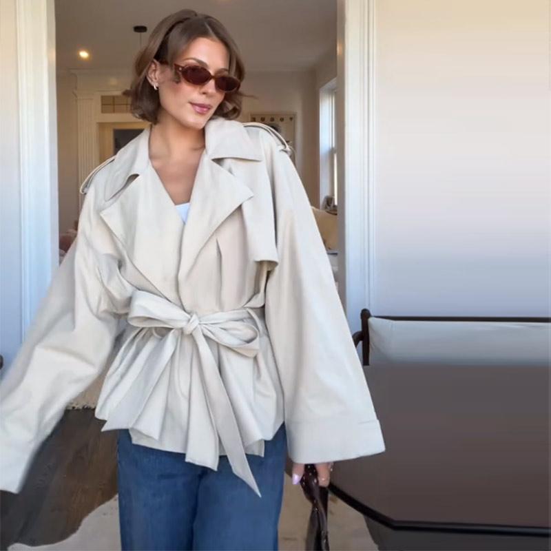 Lapel Tied Windbreaker Jacket Women's Commute Long Sleeve A-line Style Elegant Jacket Fashion Streetwear 2025 Autumn