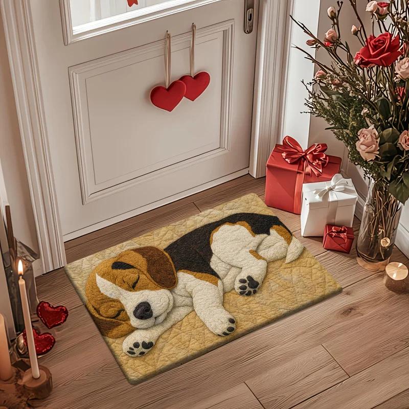 Cute 3D Sleeping Beagle Dog Print Doormat Non-Slip Dirt Trapper Washable Floor Mat for Entryway Dog Lovers