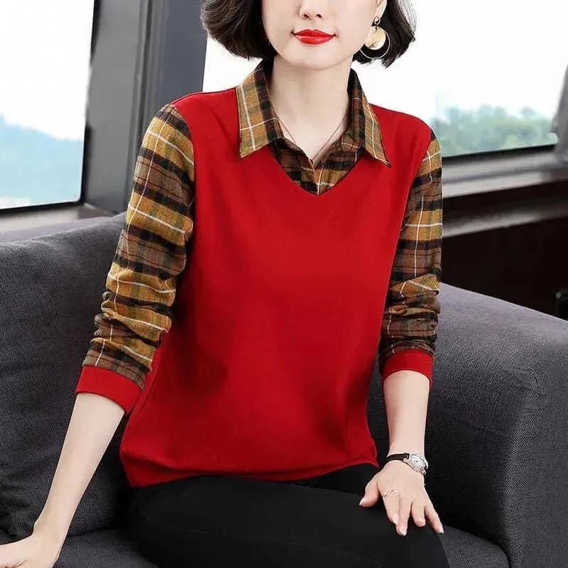 Women's Plus Size Patchwork Plaid Polo Neck T-Shirt, Versatile Fake Two-Piece Long-Sleeve Base Layer, Perfect for Autumn and Mother's Wear.