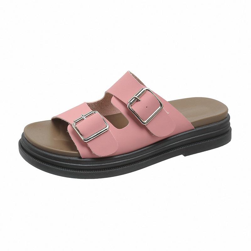 Summer Slippers Women's Outer Wear New Flat-bottomed One-character Square Buckle Thick-soled Beach Women's Shoes Cool Slippers Women's