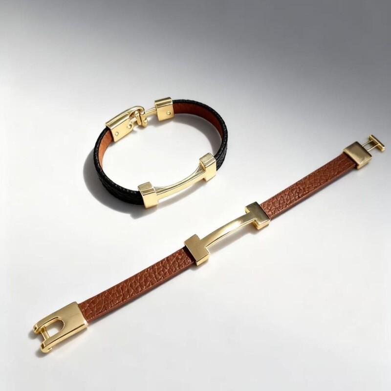 Minimalist Geometric PU Leather Flat Rope Bracelet Women Men Zinc Alloy Electroplated Brown Black Fashion Accessory