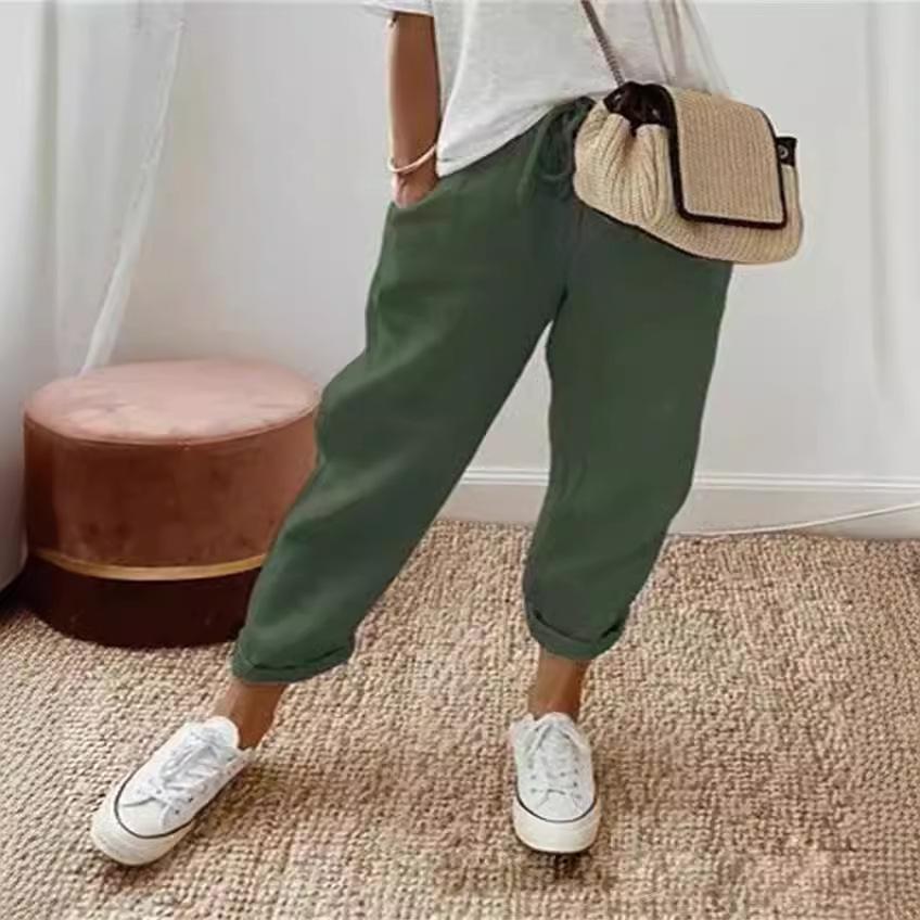 2024 Women's Cotton Linen Elastic Waist Pants - Casual Nine-Point Khaki Sky Blue
