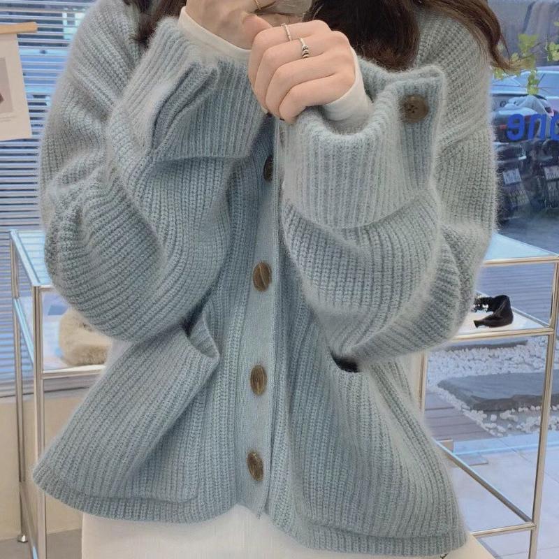 

Вязаный свитер молочно-голубой топ утолщенное пальто-свитер для женщин осень весна высококлассный дизайнерский нишевый XL синий
