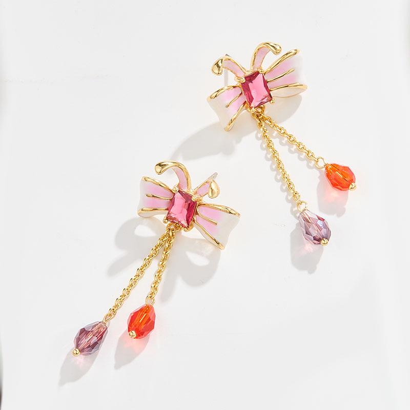 

French Pink Hand-Painted Gradient Tassel Stud Earrings with S925 Silver Needle - Cute Face-Slimming Design for Women Other