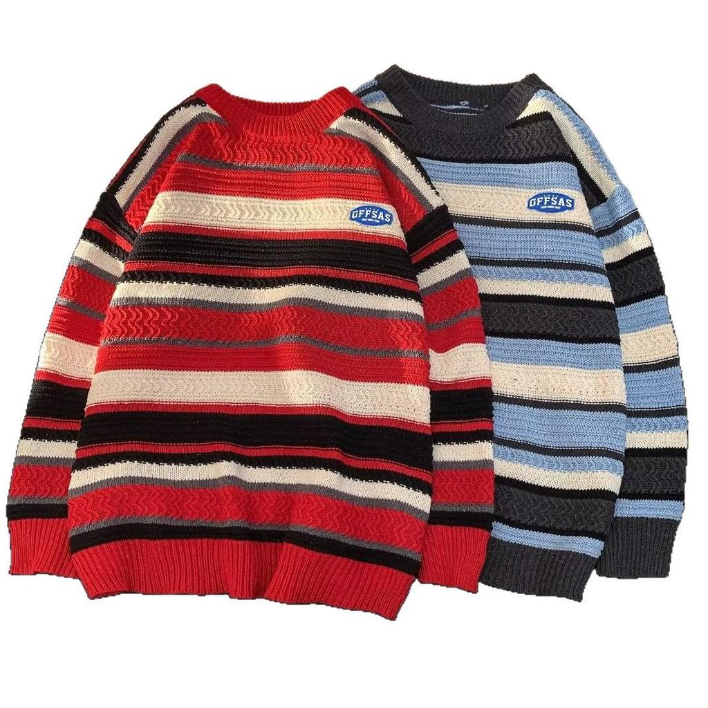 Men's Trendy Autumn Striped Knit Pullover Sweater, Casual Loose Fit, Round Neck, Long Sleeve