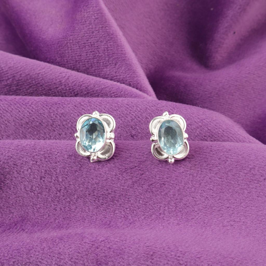 Natural Sky Blue Topaz 925 Sterling Silver Daughter Gift Stud Push Back Earrings EE-149-17