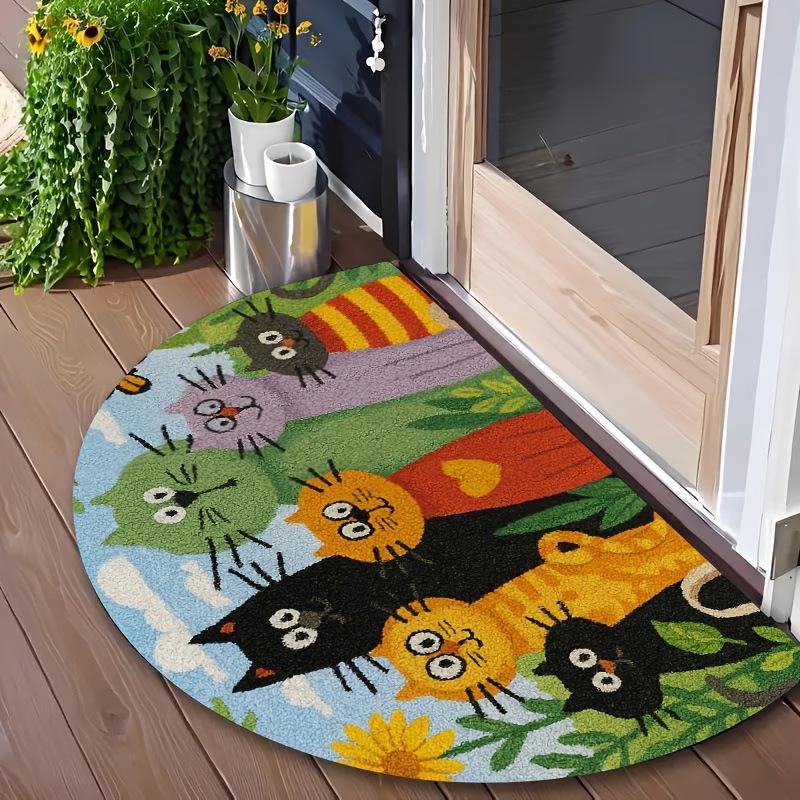 American Style Semi-Circular Cat Crystal Velvet Doormat - Durable, Stain & Wear Resistant, Decorative Floor Mat