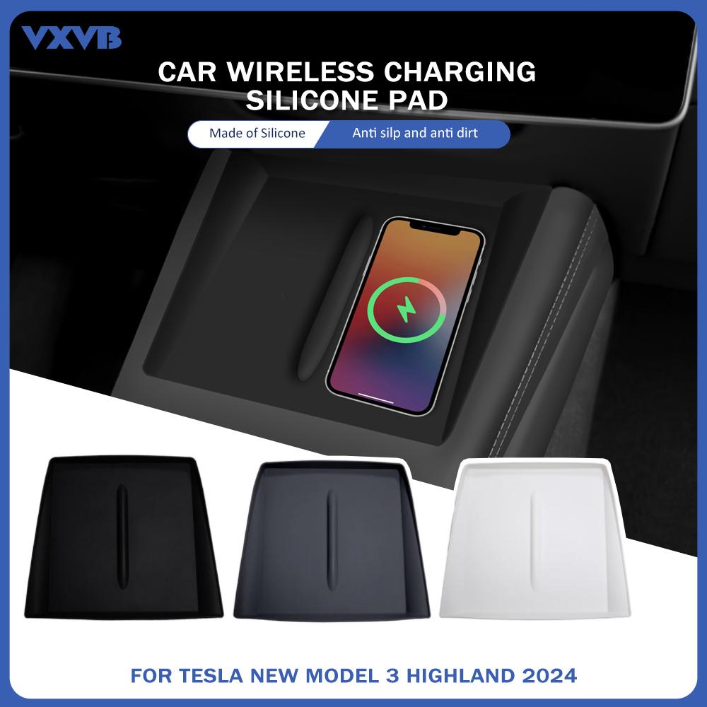 For Tesla Model 3 Highland 2024 Wireless Charging Pad Silicone Dust-Proof Central Control Charger Mat Car Interior Accessories