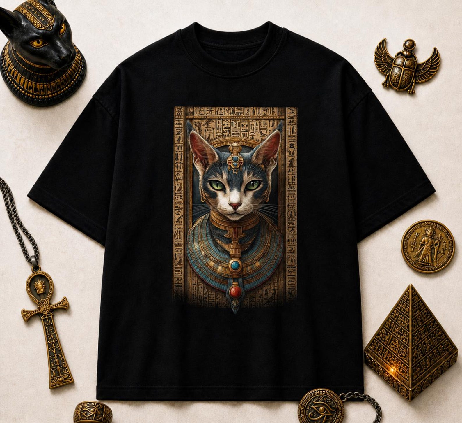 Egyptian Cat Goddess Bastet T-Shirt, Ancient Egypt Art Graphic Tee M