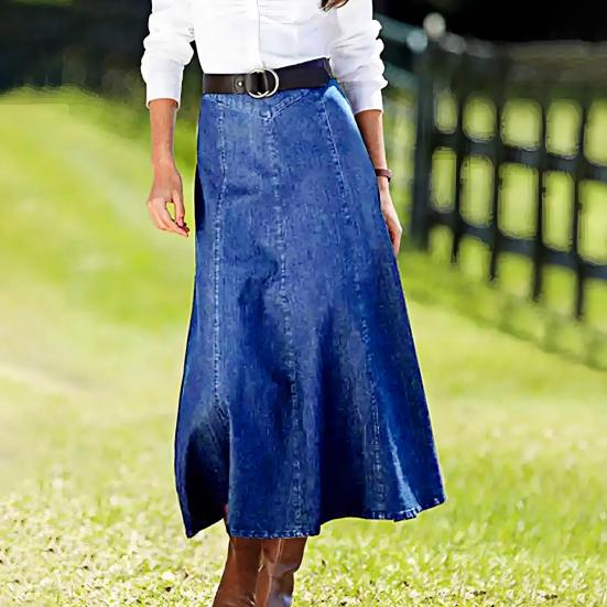 Denim Midi Skirt High Waist Large Hem Slimming Design Midi Skirt Solid Color Office