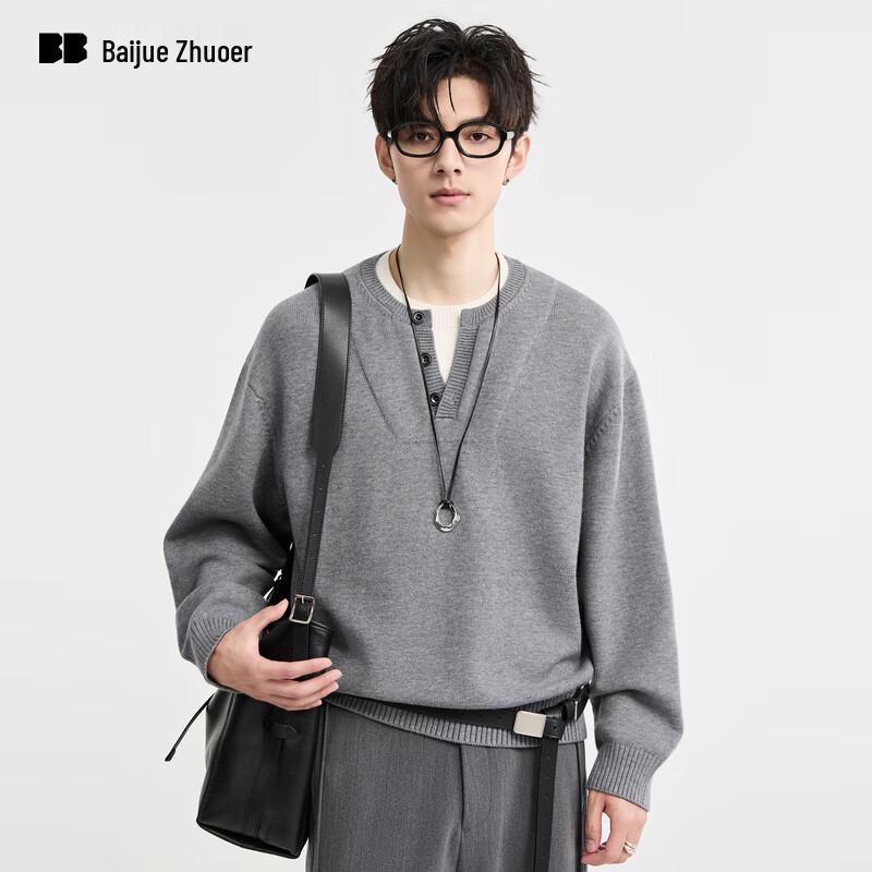 

Bojue Zhuoer Men s Faux Two-Piece Henley Wool Blend Sweater