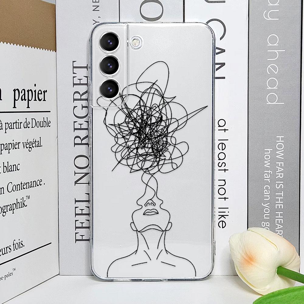 Abstract Line Face Aesthetic Clear Phone Case for Samsung Galaxy S24 S23 Ultra S22 Plus S21 FE S20 5G Soft Silicone Cover Fundas