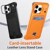 For iPhone 15 Pro Max Case Lens Frame Kickstand Metal Frameless Phone Cover with Leather Card Slots