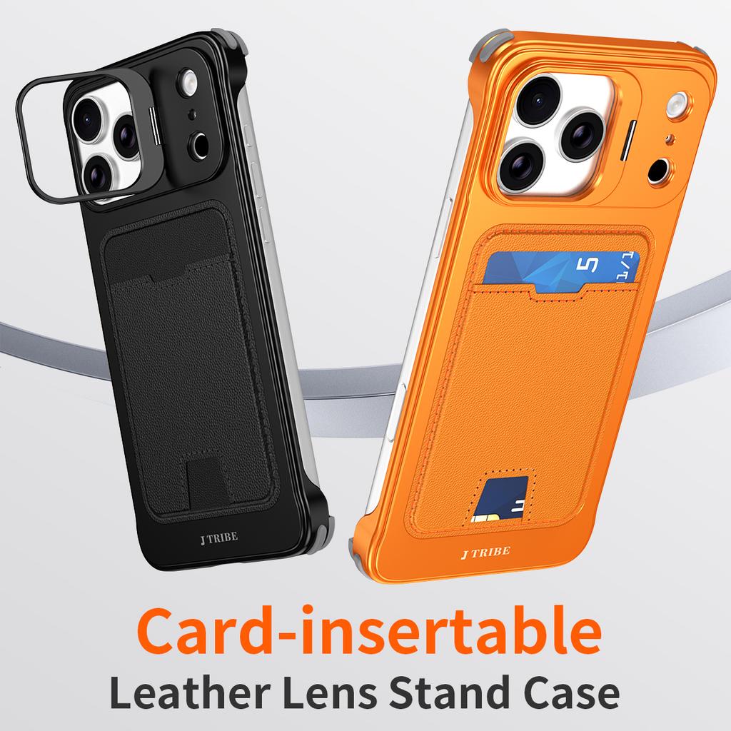 For iPhone 15 Pro Max Case Lens Frame Kickstand Metal Frameless Phone Cover with Leather Card Slots