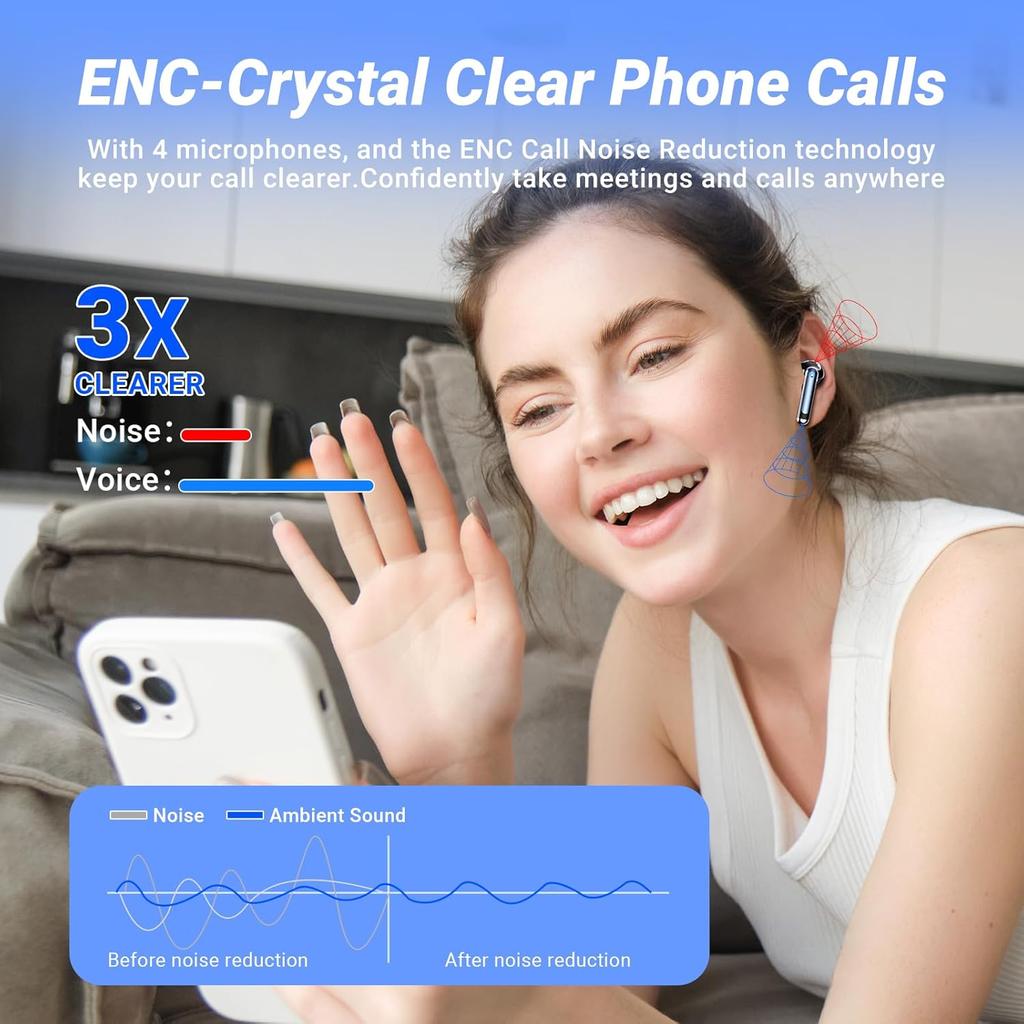 Wireless Earbuds Headphones Bluetooth 5.4 42h Playback for Running/fitness/office 4 Noise Cancelling Microphones IPX6 Earphones for Android iOS