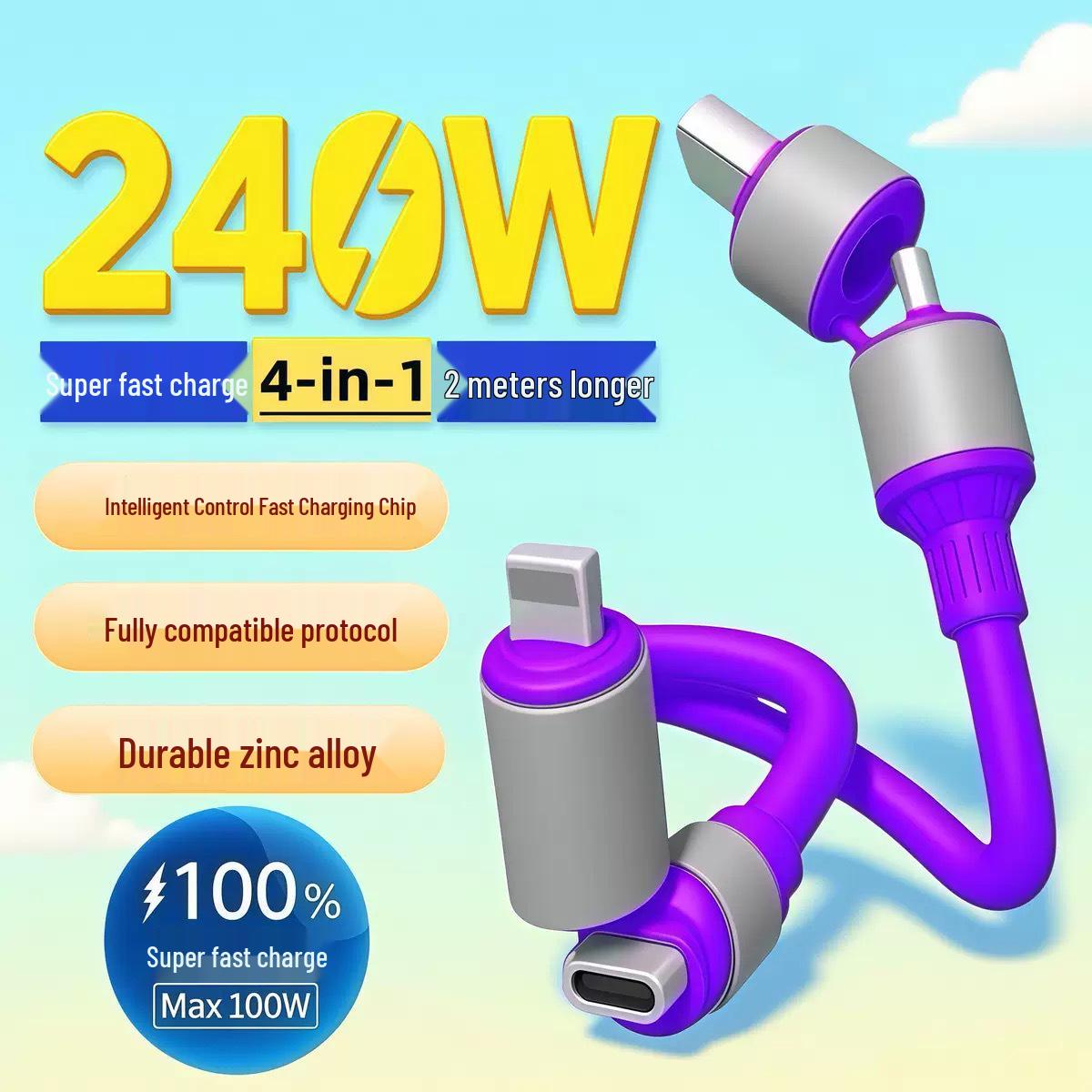 240W Silicone 4-in-1 Fast Charging Cable for Apple & Huawei Devices 1m
