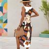 Women Plus Size U Neck Sleeveless Printed Long Tank Dress High Side Slit Curved Hem